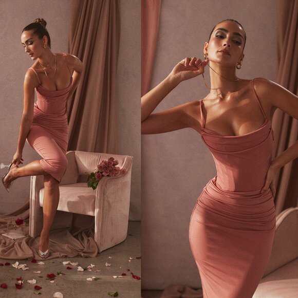 House of CB 'Marciella' Rose Draped Corset Midi Dress NWOT - Picture 3 of 9